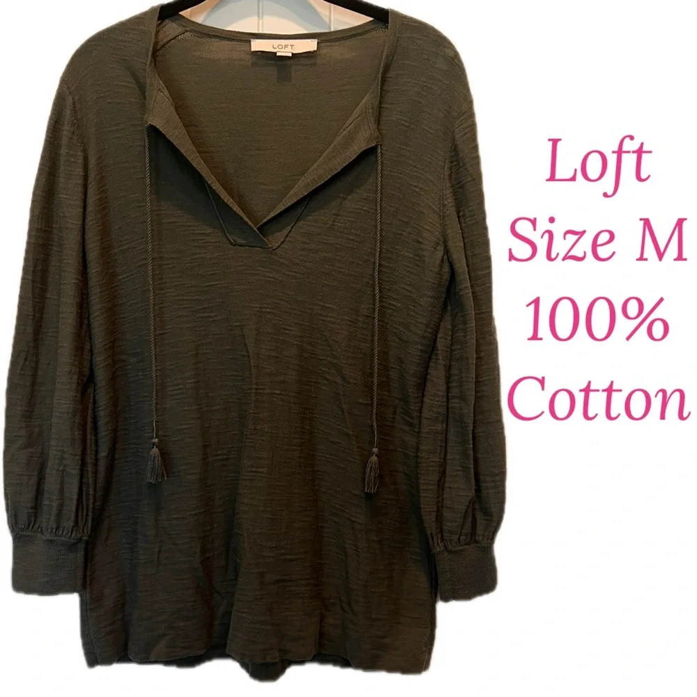 LOFT 100% Cotton SZ Medium with tassels army green top
